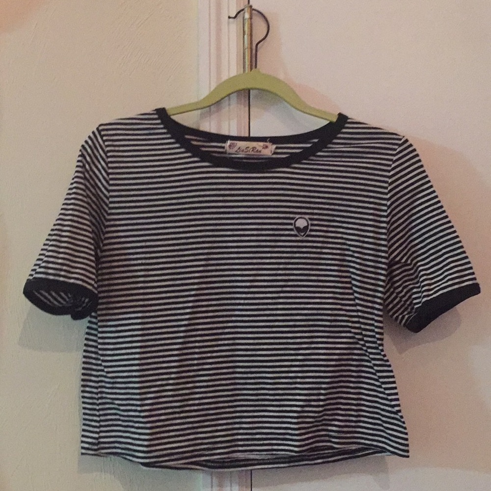 Black & White striped Crop Top w/ Alien logo